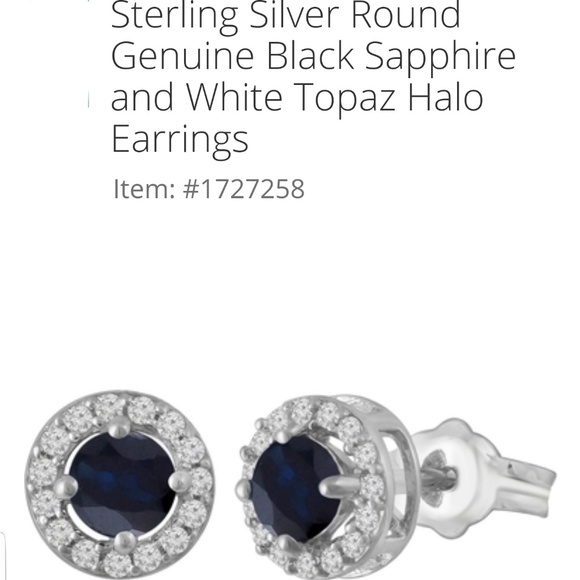 Sterling Silver Round Black Sapphire halo earrings - Picture 2 of 7
